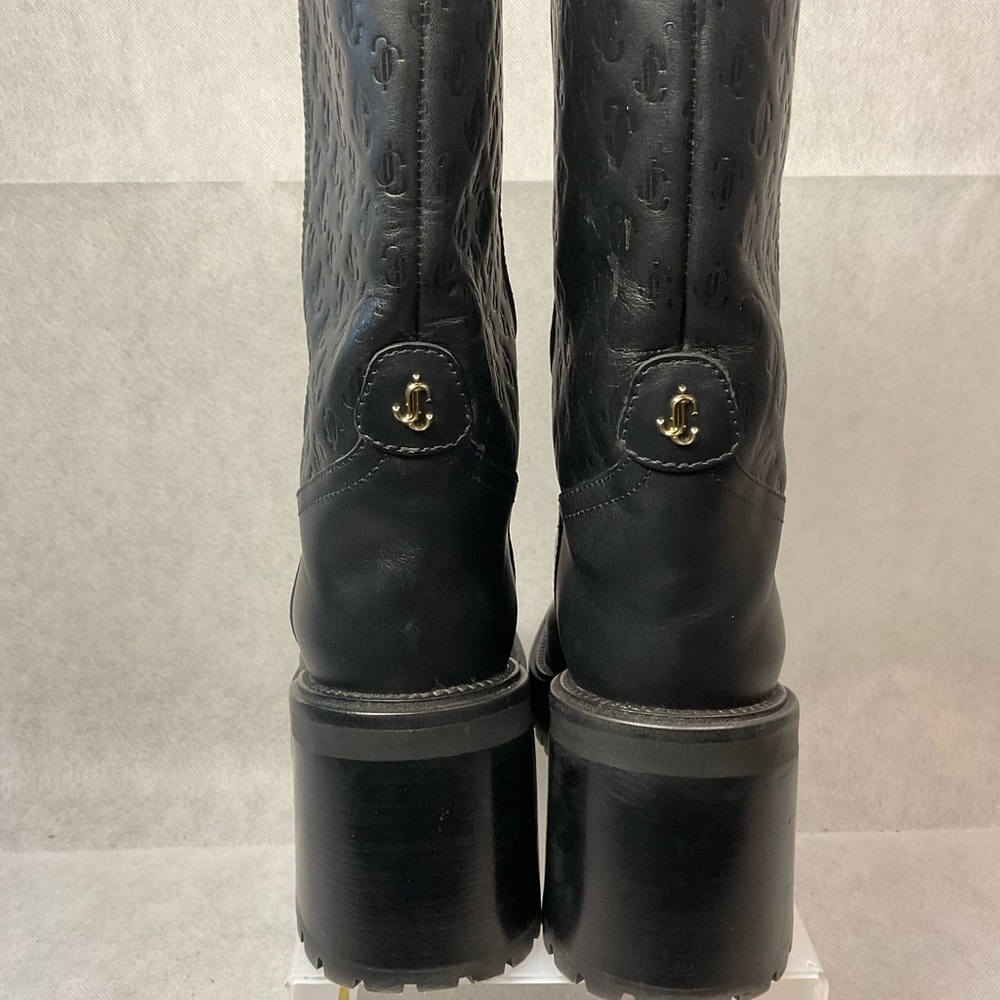 Jimmy Choo Monogram Embossed Leather Wedge Boots- Black- Barely Worn- Size 37.5 - Picture 6 of 14